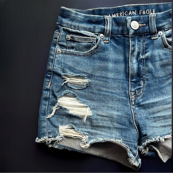 AE Next Level Stretch Curvy High Rise Shortie Distressed Denim Shorts - Picture 2 of 10